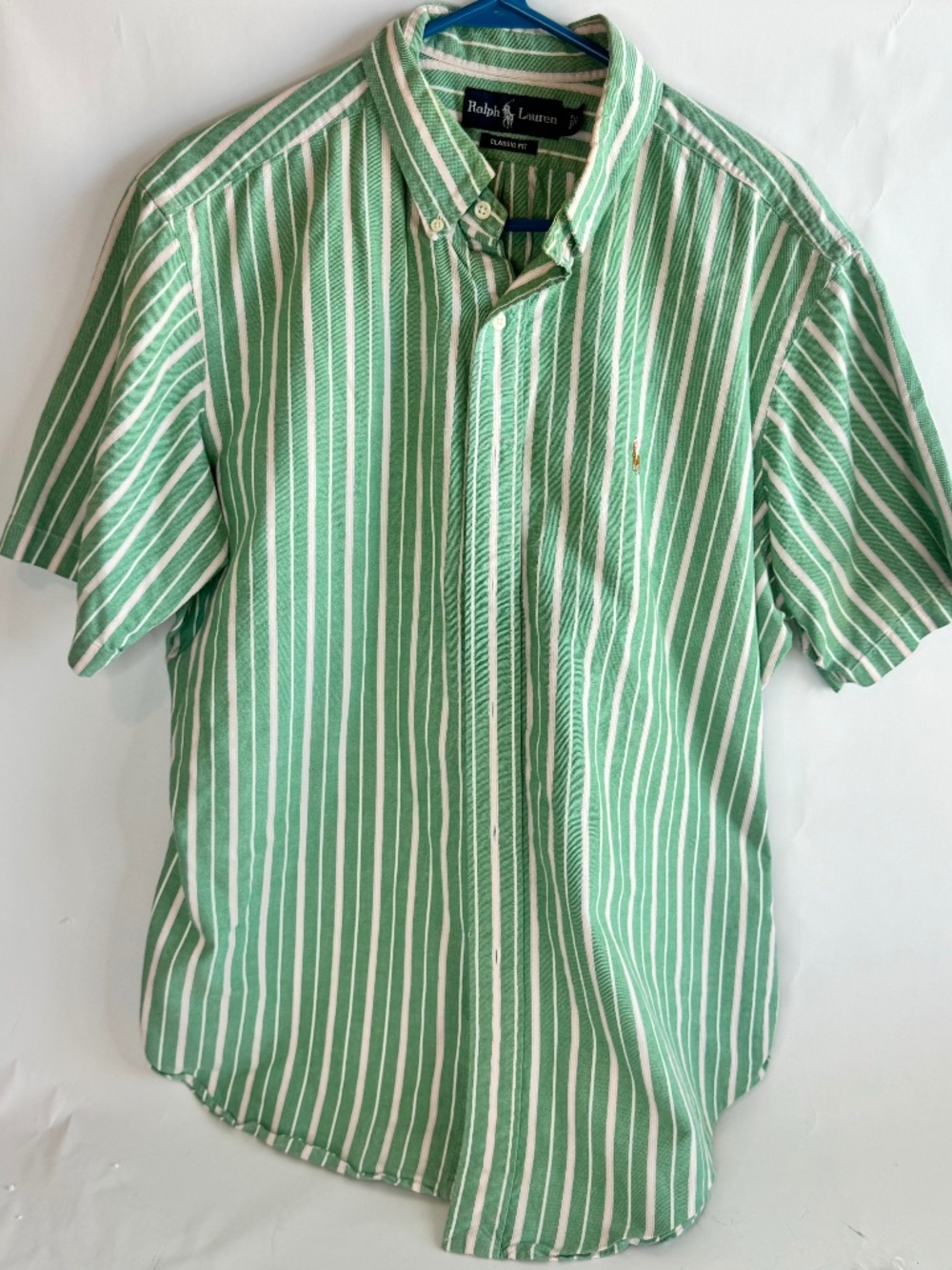 Ralph Lauren Men's Green White Pink Striped Button Down Short Sleeve Shirt Large